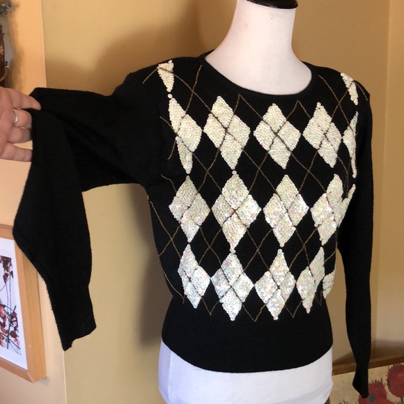 Vintage LIZ CLAIBORNE Size Medium Petite Lambswool Blend Sequin Plaid Carlyle - Picture 3 of 16